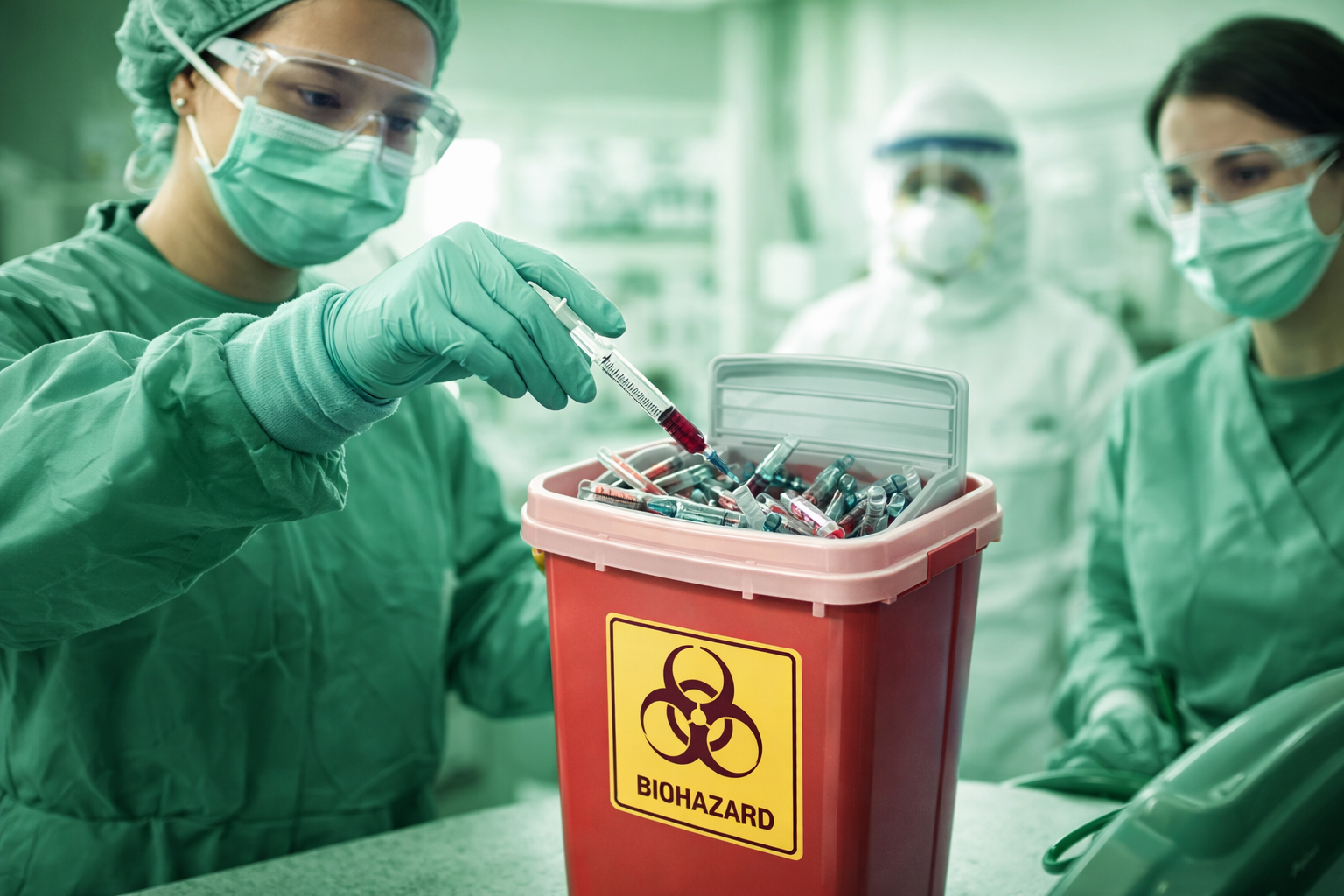 Healthcare worker following safe sharps protocol